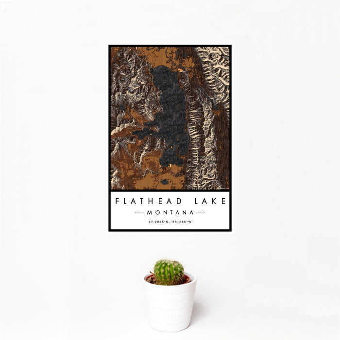12x18 Flathead Lake Montana Map Print Portrait Orientation in Ember Style With Small Cactus Plant in White Planter