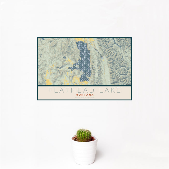 12x18 Flathead Lake Montana Map Print Landscape Orientation in Woodblock Style With Small Cactus Plant in White Planter