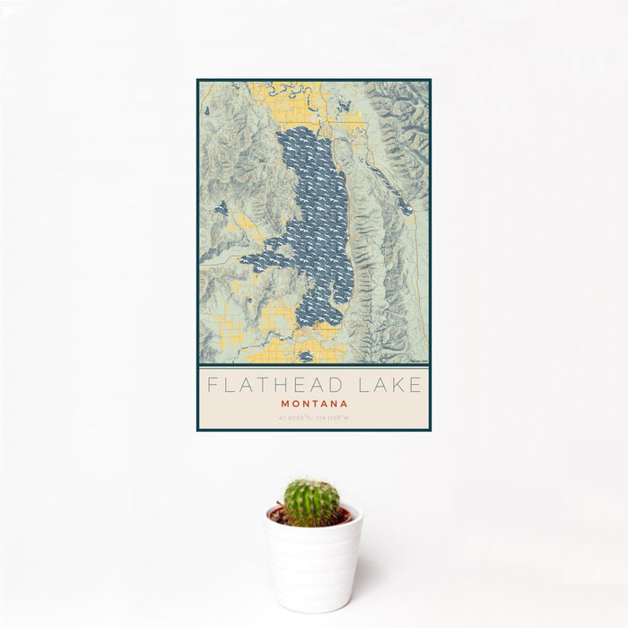 12x18 Flathead Lake Montana Map Print Portrait Orientation in Woodblock Style With Small Cactus Plant in White Planter