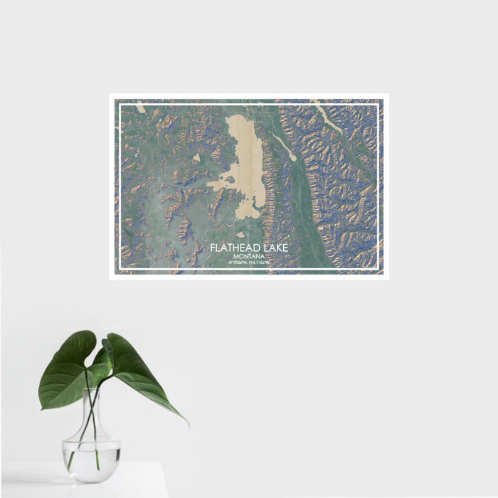 16x24 Flathead Lake Montana Map Print Landscape Orientation in Afternoon Style With Tropical Plant Leaves in Water