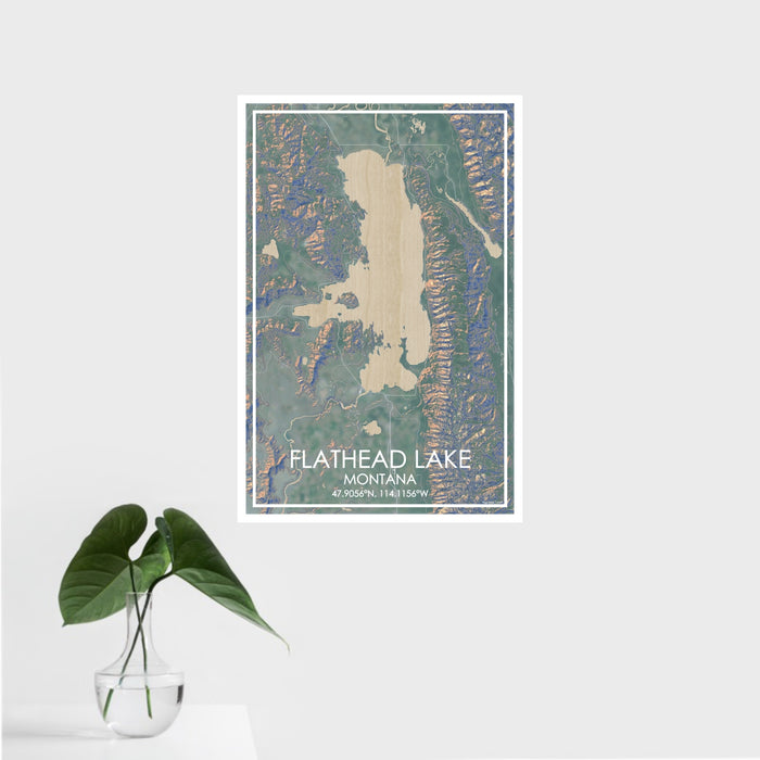 16x24 Flathead Lake Montana Map Print Portrait Orientation in Afternoon Style With Tropical Plant Leaves in Water