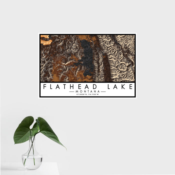 16x24 Flathead Lake Montana Map Print Landscape Orientation in Ember Style With Tropical Plant Leaves in Water