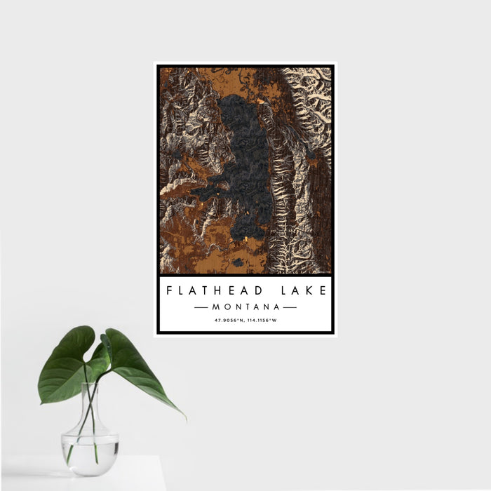 16x24 Flathead Lake Montana Map Print Portrait Orientation in Ember Style With Tropical Plant Leaves in Water
