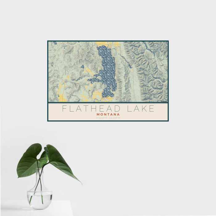 16x24 Flathead Lake Montana Map Print Landscape Orientation in Woodblock Style With Tropical Plant Leaves in Water