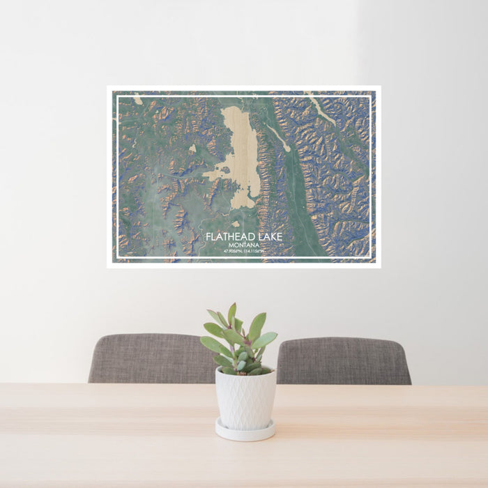 24x36 Flathead Lake Montana Map Print Lanscape Orientation in Afternoon Style Behind 2 Chairs Table and Potted Plant