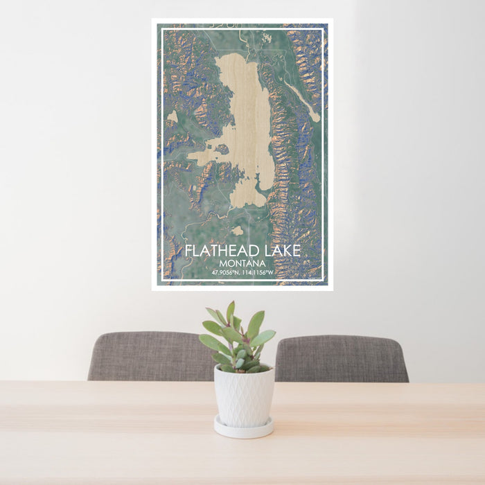 24x36 Flathead Lake Montana Map Print Portrait Orientation in Afternoon Style Behind 2 Chairs Table and Potted Plant