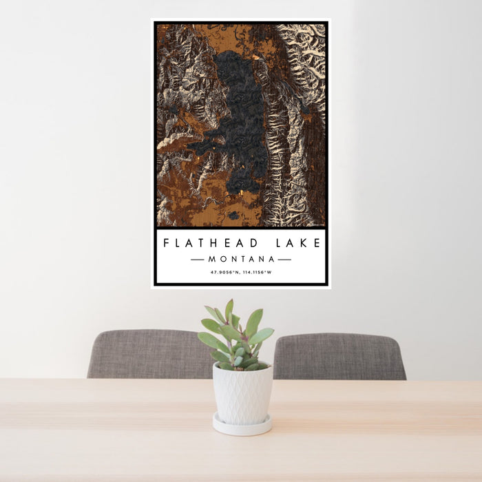 24x36 Flathead Lake Montana Map Print Portrait Orientation in Ember Style Behind 2 Chairs Table and Potted Plant
