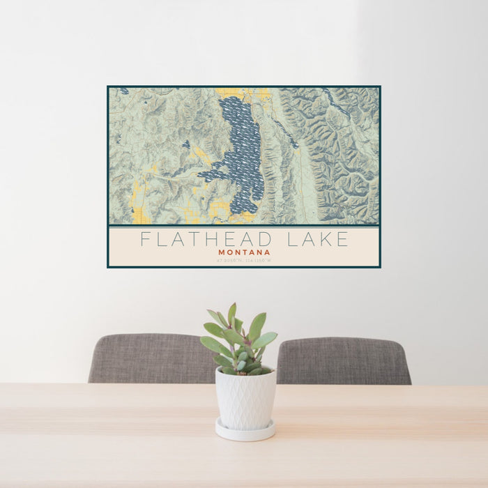 24x36 Flathead Lake Montana Map Print Lanscape Orientation in Woodblock Style Behind 2 Chairs Table and Potted Plant