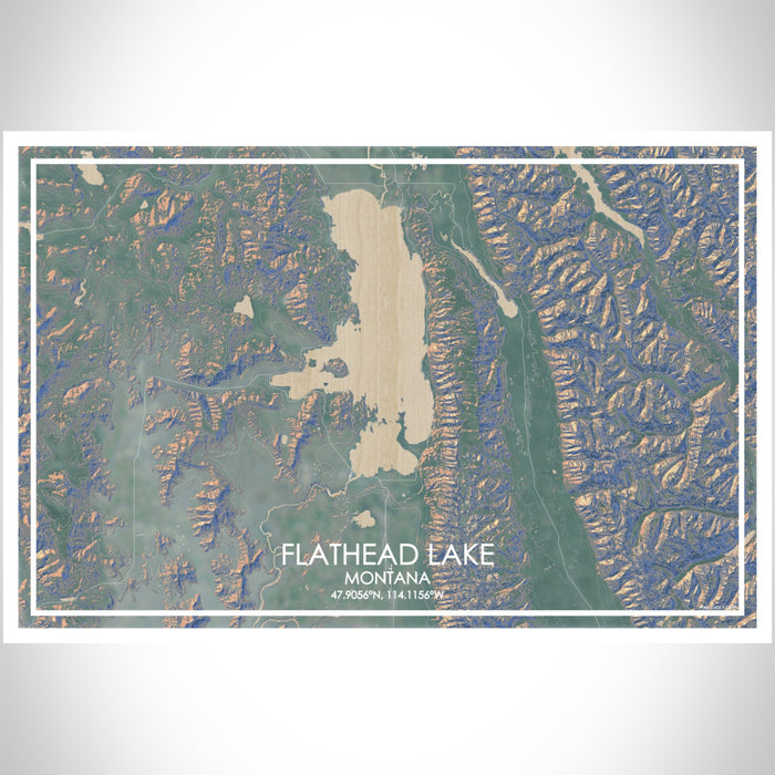 Flathead Lake Montana Map Print Landscape Orientation in Afternoon Style With Shaded Background