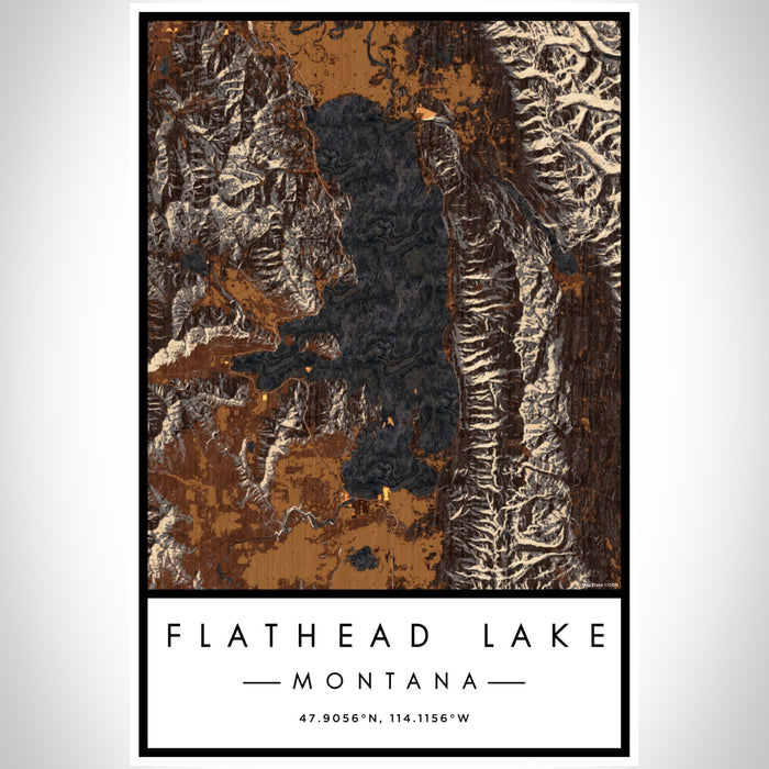 Flathead Lake Montana Map Print Portrait Orientation in Ember Style With Shaded Background