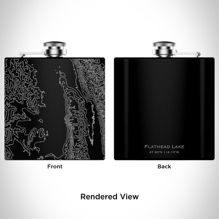 Rendered View of Flathead Lake Montana Map Engraving on 6oz Stainless Steel Flask in Black