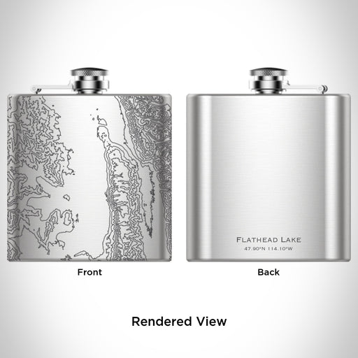 Rendered View of Flathead Lake Montana Map Engraving on 6oz Stainless Steel Flask