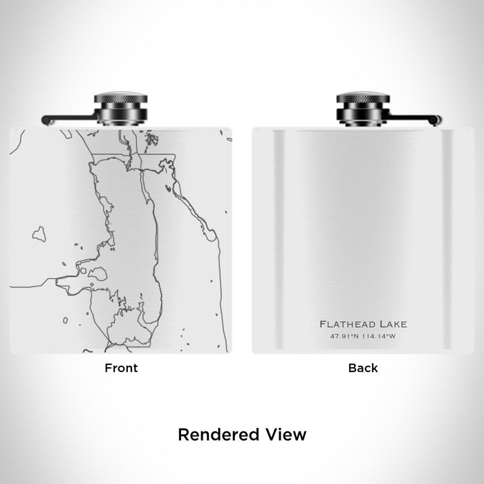 Rendered View of Flathead Lake Montana Map Engraving on 6oz Stainless Steel Flask in White