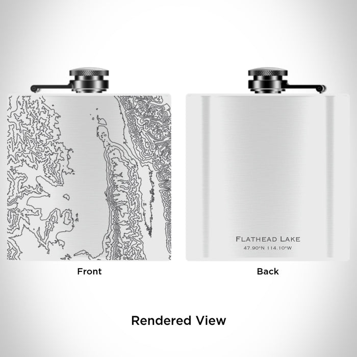Rendered View of Flathead Lake Montana Map Engraving on 6oz Stainless Steel Flask in White