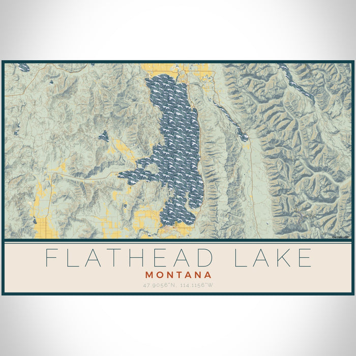 Flathead Lake Montana Map Print Landscape Orientation in Woodblock Style With Shaded Background