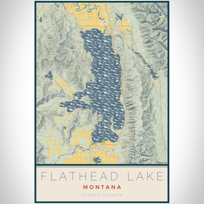 Flathead Lake Montana Map Print Portrait Orientation in Woodblock Style With Shaded Background