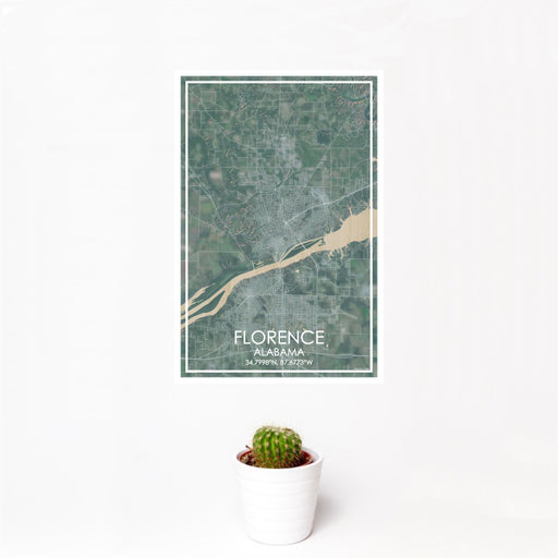 12x18 Florence Alabama Map Print Portrait Orientation in Afternoon Style With Small Cactus Plant in White Planter