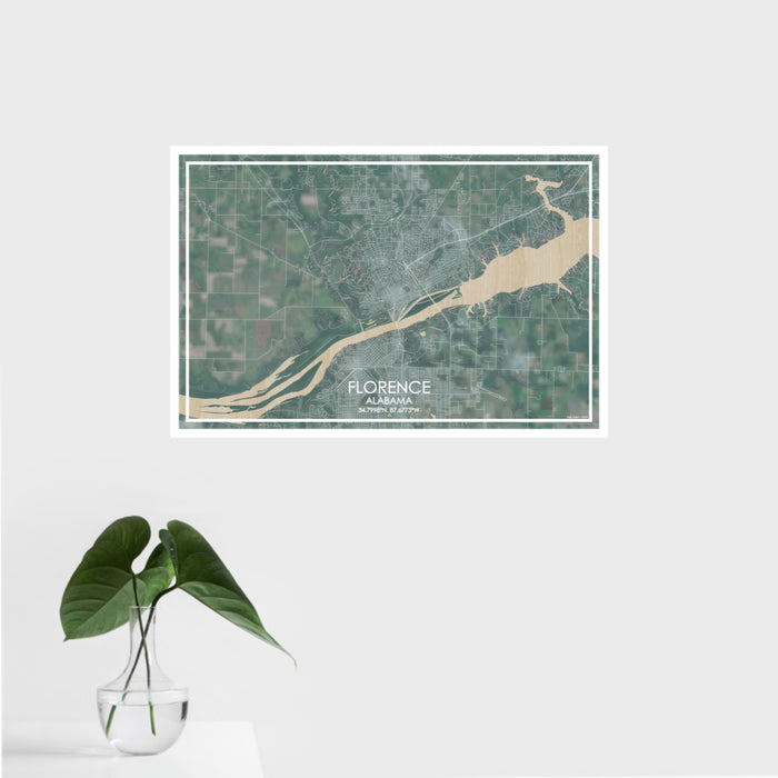 16x24 Florence Alabama Map Print Landscape Orientation in Afternoon Style With Tropical Plant Leaves in Water
