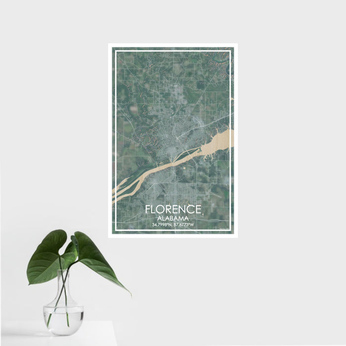16x24 Florence Alabama Map Print Portrait Orientation in Afternoon Style With Tropical Plant Leaves in Water