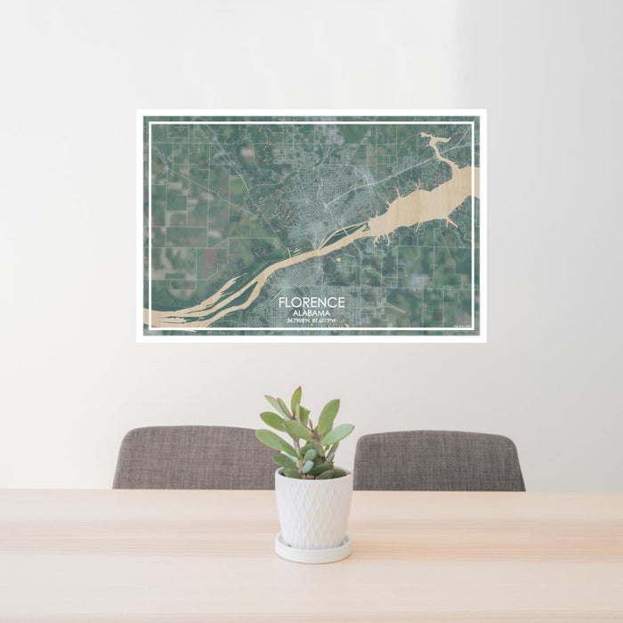 24x36 Florence Alabama Map Print Lanscape Orientation in Afternoon Style Behind 2 Chairs Table and Potted Plant