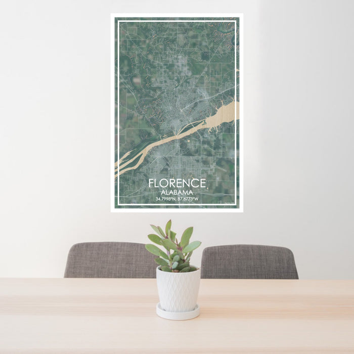 24x36 Florence Alabama Map Print Portrait Orientation in Afternoon Style Behind 2 Chairs Table and Potted Plant
