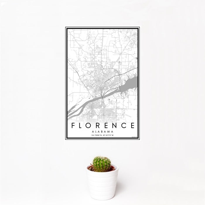 12x18 Florence Alabama Map Print Portrait Orientation in Classic Style With Small Cactus Plant in White Planter