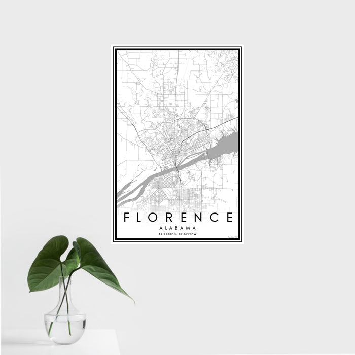 16x24 Florence Alabama Map Print Portrait Orientation in Classic Style With Tropical Plant Leaves in Water