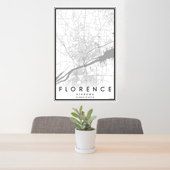 24x36 Florence Alabama Map Print Portrait Orientation in Classic Style Behind 2 Chairs Table and Potted Plant