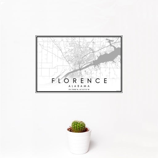 12x18 Florence Alabama Map Print Landscape Orientation in Classic Style With Small Cactus Plant in White Planter