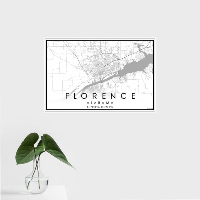 16x24 Florence Alabama Map Print Landscape Orientation in Classic Style With Tropical Plant Leaves in Water
