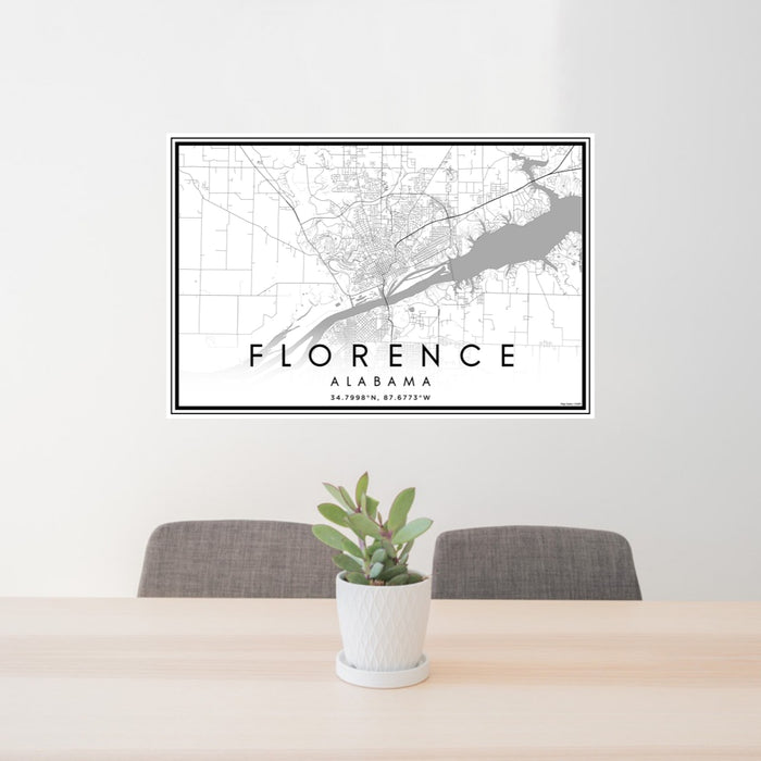 24x36 Florence Alabama Map Print Landscape Orientation in Classic Style Behind 2 Chairs Table and Potted Plant