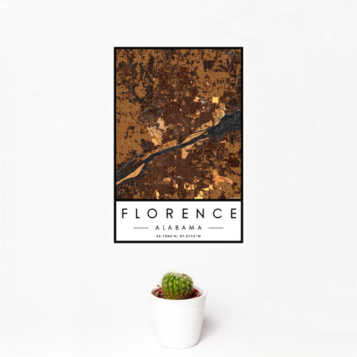 12x18 Florence Alabama Map Print Portrait Orientation in Ember Style With Small Cactus Plant in White Planter