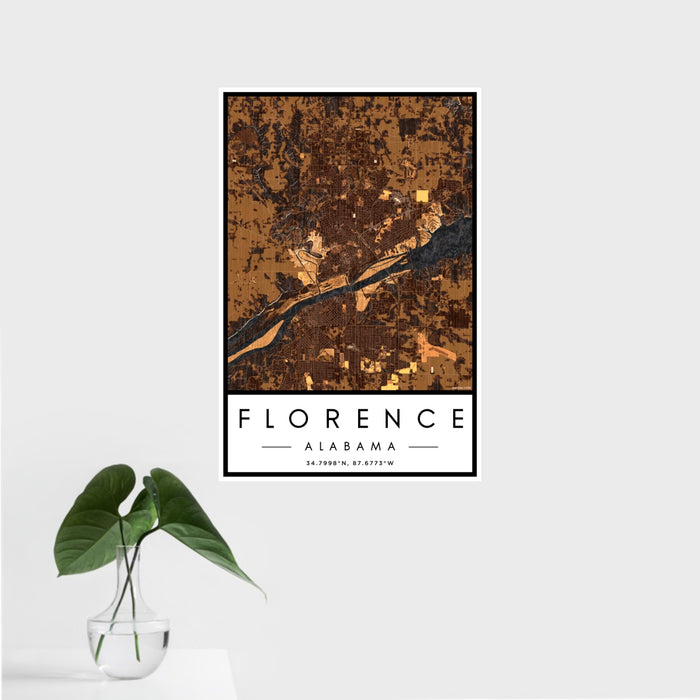 16x24 Florence Alabama Map Print Portrait Orientation in Ember Style With Tropical Plant Leaves in Water