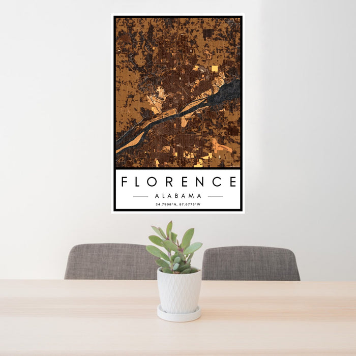 24x36 Florence Alabama Map Print Portrait Orientation in Ember Style Behind 2 Chairs Table and Potted Plant