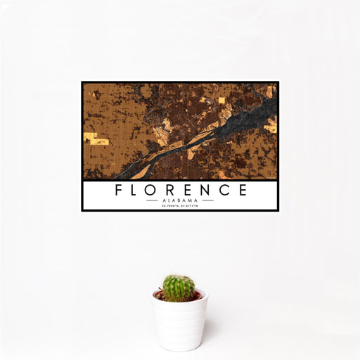 12x18 Florence Alabama Map Print Landscape Orientation in Ember Style With Small Cactus Plant in White Planter
