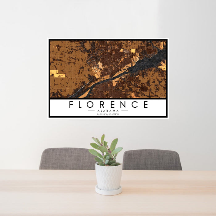 24x36 Florence Alabama Map Print Landscape Orientation in Ember Style Behind 2 Chairs Table and Potted Plant