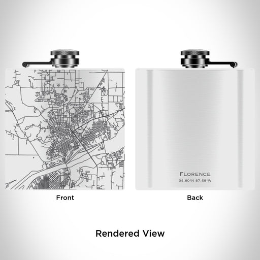 Rendered View of Florence Alabama Map Engraving on 6oz Stainless Steel Flask in White
