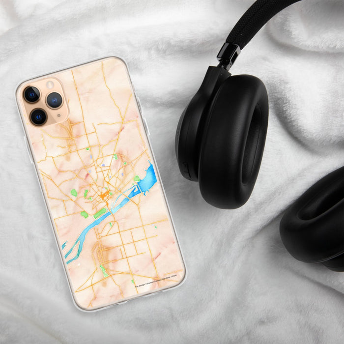 Custom Florence Alabama Map Phone Case in Watercolor on Table with Black Headphones