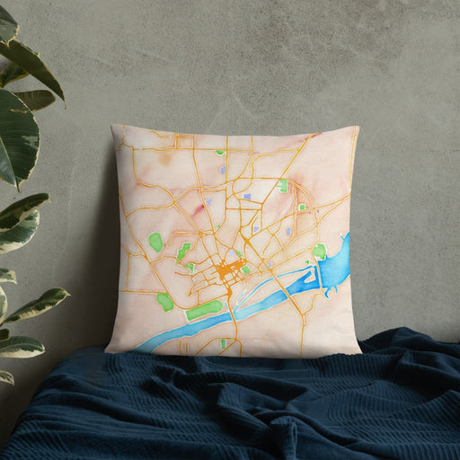 Custom Florence Alabama Map Throw Pillow in Watercolor on Bedding Against Wall
