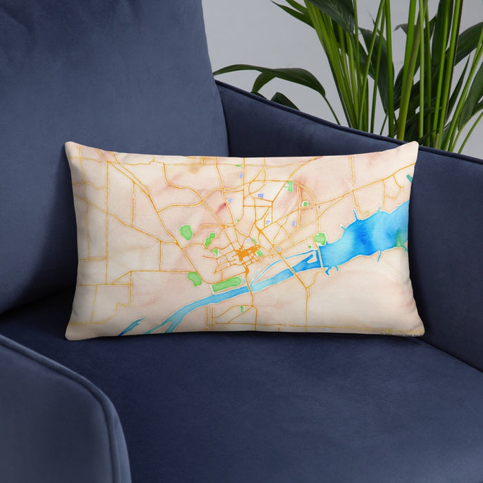 Custom Florence Alabama Map Throw Pillow in Watercolor on Blue Colored Chair