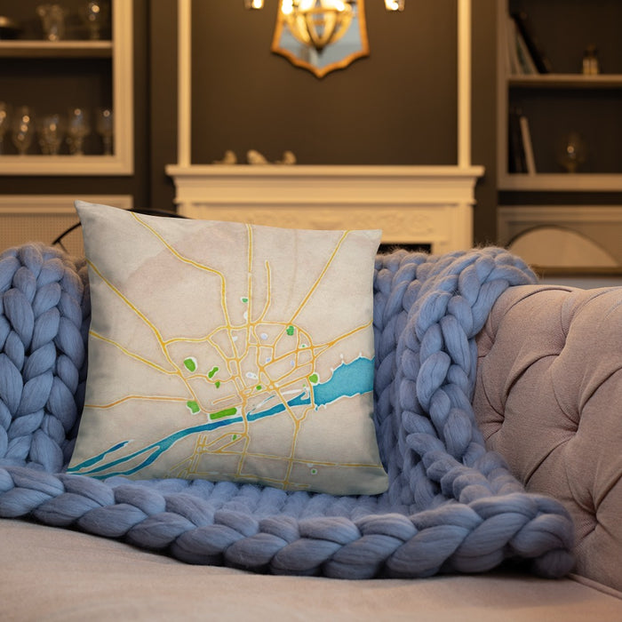 Custom Florence Alabama Map Throw Pillow in Watercolor on Cream Colored Couch