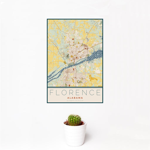 12x18 Florence Alabama Map Print Portrait Orientation in Woodblock Style With Small Cactus Plant in White Planter