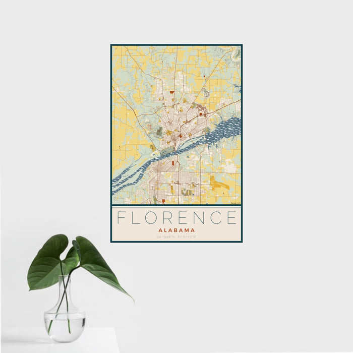 16x24 Florence Alabama Map Print Portrait Orientation in Woodblock Style With Tropical Plant Leaves in Water