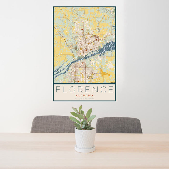 24x36 Florence Alabama Map Print Portrait Orientation in Woodblock Style Behind 2 Chairs Table and Potted Plant