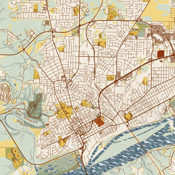 Florence Alabama Map Print in Woodblock Style Zoomed In Close Up Showing Details