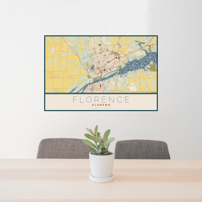 24x36 Florence Alabama Map Print Landscape Orientation in Woodblock Style Behind 2 Chairs Table and Potted Plant