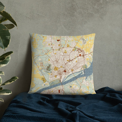 Custom Florence Alabama Map Throw Pillow in Woodblock on Bedding Against Wall