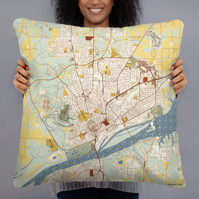 Person holding 22x22 Custom Florence Alabama Map Throw Pillow in Woodblock