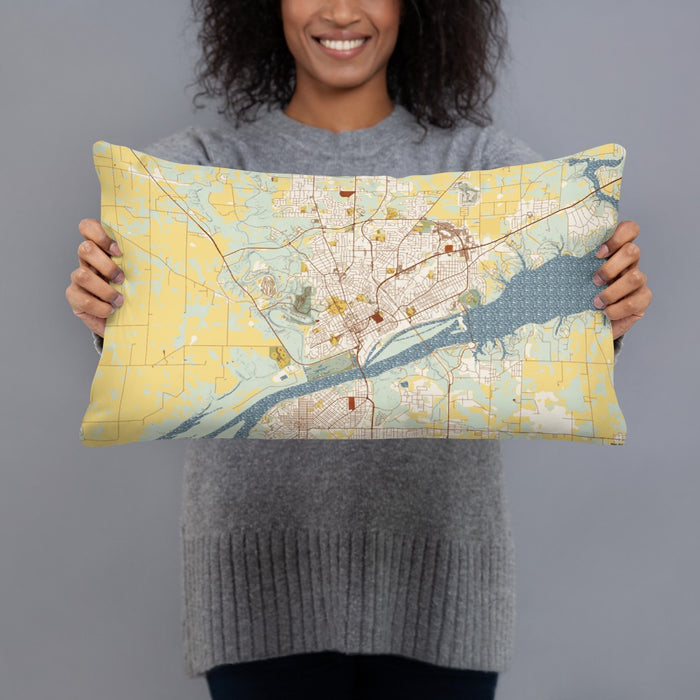 Person holding 20x12 Custom Florence Alabama Map Throw Pillow in Woodblock