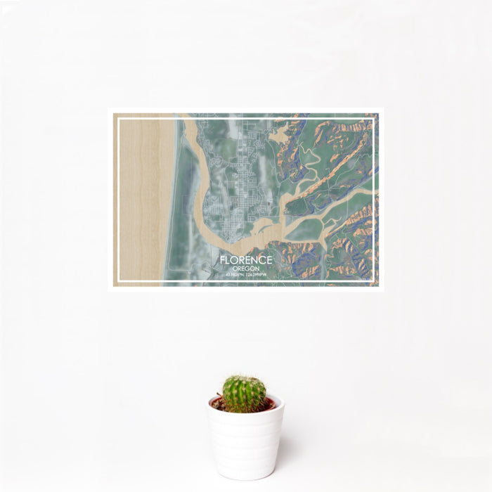12x18 Florence Oregon Map Print Landscape Orientation in Afternoon Style With Small Cactus Plant in White Planter
